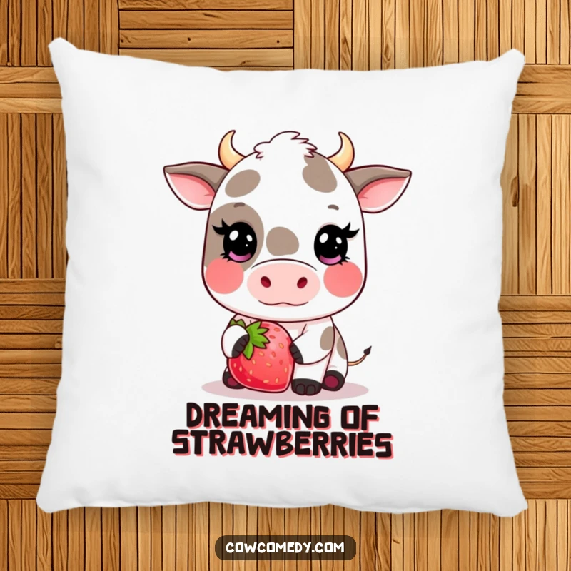Funny kawaii cow pillow with a cute cow blushing deeply while offering a giant strawberry, perfect for sweet decor.