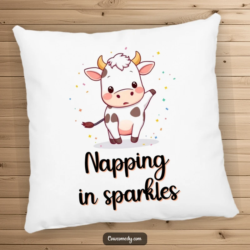 Funny decorative pillow with a playful cow kicking up a fun cloud of colorful confetti.