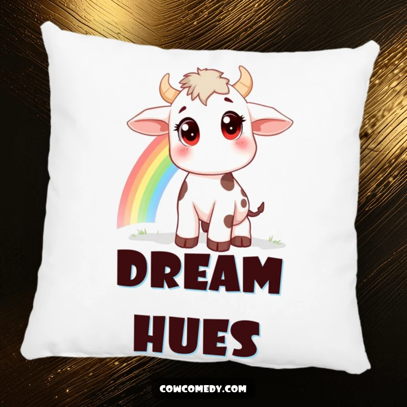 Funny pillow with a curious cow, large eyes, watching a rainbow, offering comfort and a touch of whimsical charm, great gift.