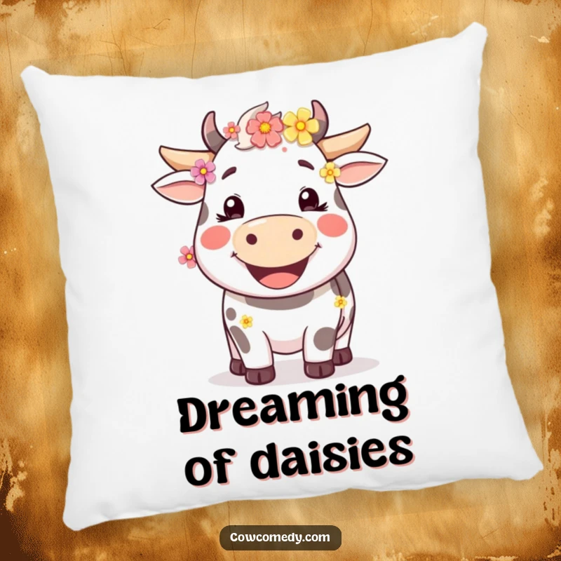 Funny smiling cow pillow with flowers wonderfully soft and decorative, featuring a happy expression and floral accents.