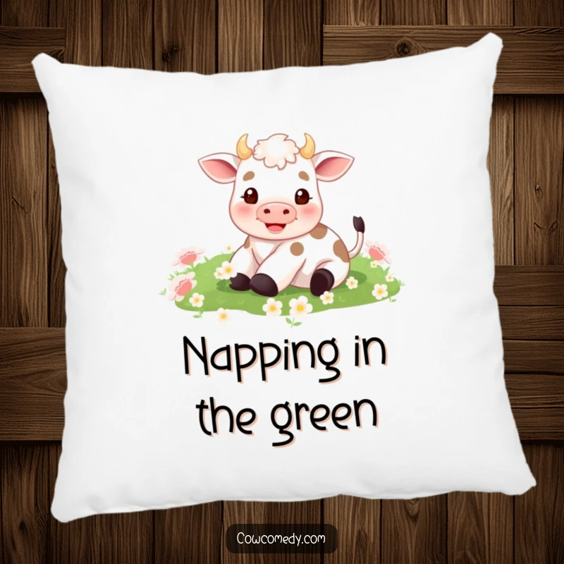 Funny pillow illustration of a tiny cow with its legs kicking up, joyfully rolling in a soft, green field of clover. Cozy and cute.