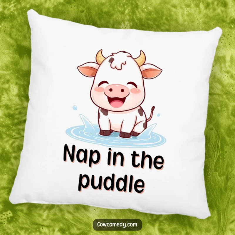 Funny kawaii cow pillow depicting a happy cow splashing joyfully in a small puddle with a happy sigh, offering comfort.