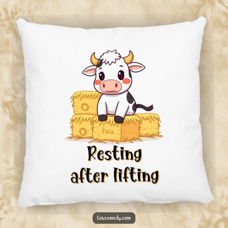 Funny Pillow featuring a determined cow balancing hay bales, offering soft comfort and humorous motivation.