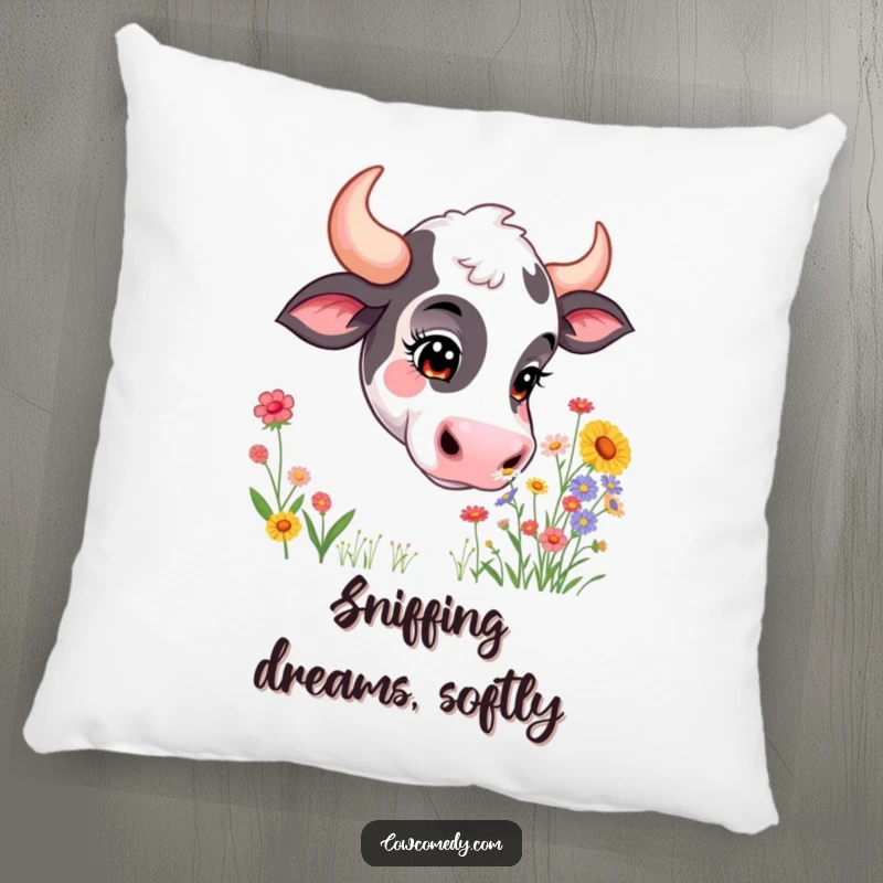 Funny pillow illustration of a curious cow with eyes closed, sniffing a plentiful bouquet of colorful wildflowers. Soft and comforting.
