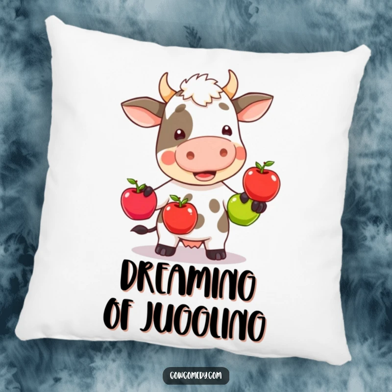 Funny kawaii cow wobbly juggling three colorful apples, depicted on a soft, plush pillow, radiating endearing chaos.