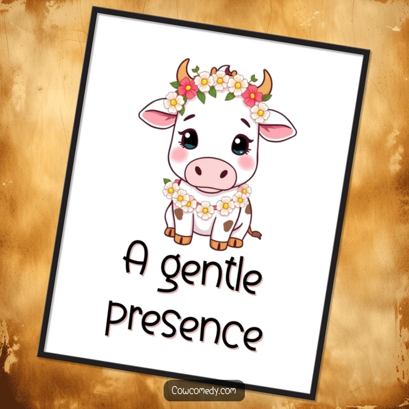 Funny Digital Art Print of a gentle cow wearing a flower garland, looking softly, perfect for charming and peaceful wall decor.