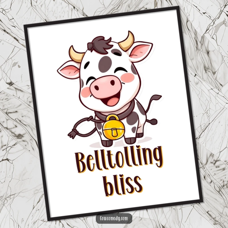 Funny giggling cow digital art print with a cowbell, perfect for instant festive and cheerful decor.