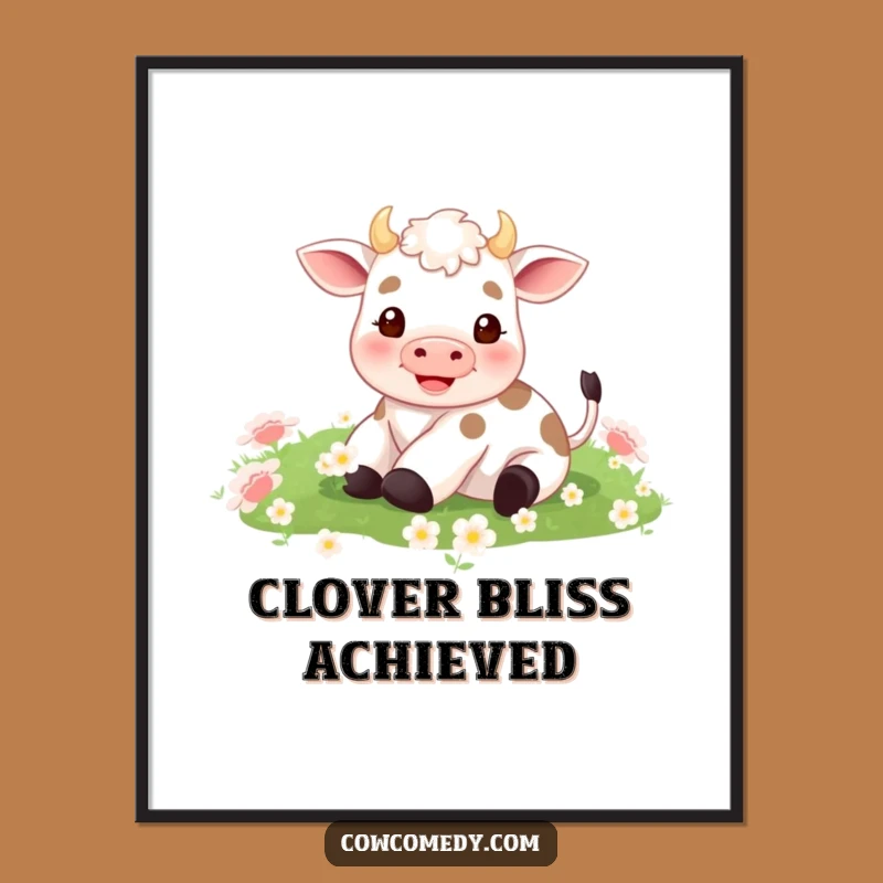 Funny Tiny Cow Digital Art: Clover Rolling Bliss, Printable Funny Gift