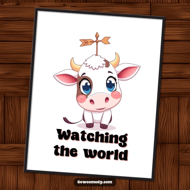 Funny kawaii cow with big, curious eyes, looking at a spinning weather vane, presented as a high-resolution digital download art print.