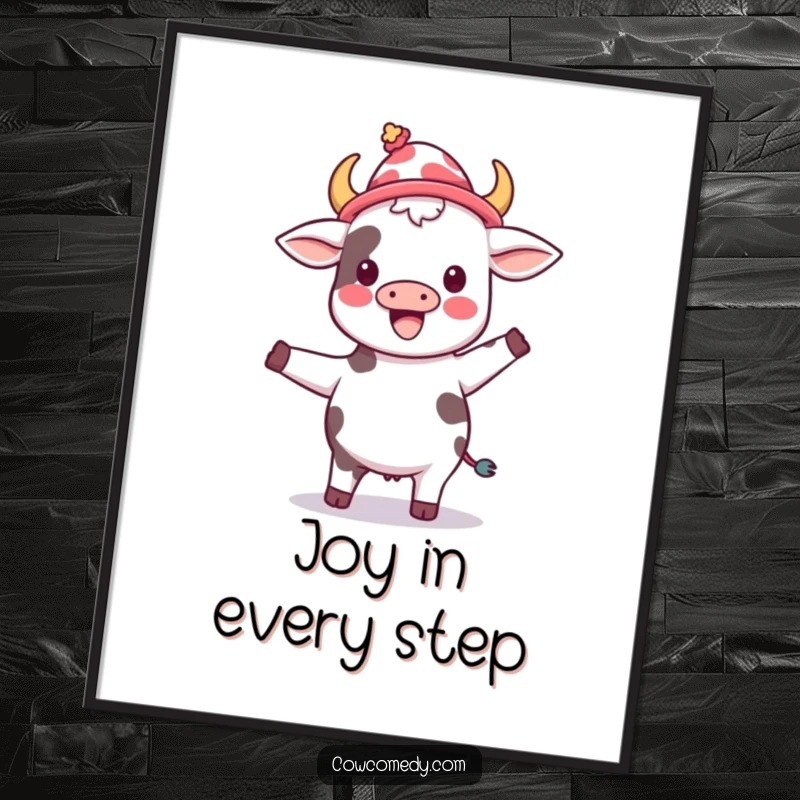 Funny kawaii cow wearing a silly hat, joyfully dancing, presented as a high-resolution digital download art print.