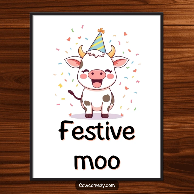 Funny digital art print of an excited cow wearing a party hat amidst confetti, a festive and fun piece for any decor.