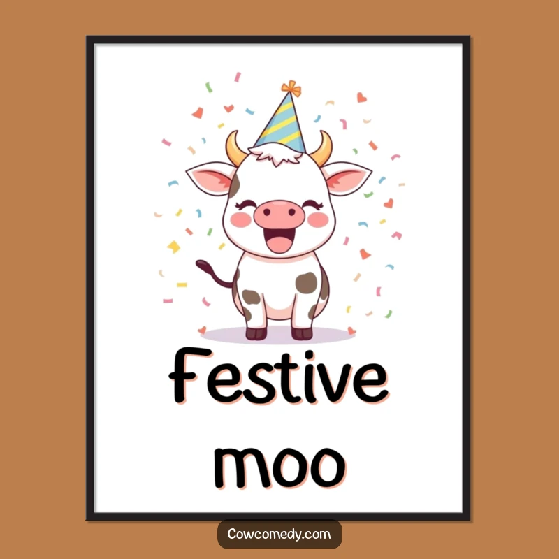 Funny Excited Cow Digital Art: Party Hat Print, Gift