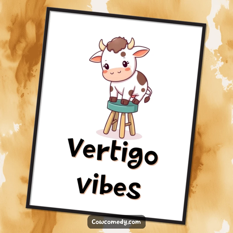 Funny digital art print of a small cow struggling to maintain balance on a tiny stool, conveying adorable clumsiness and farm humor.