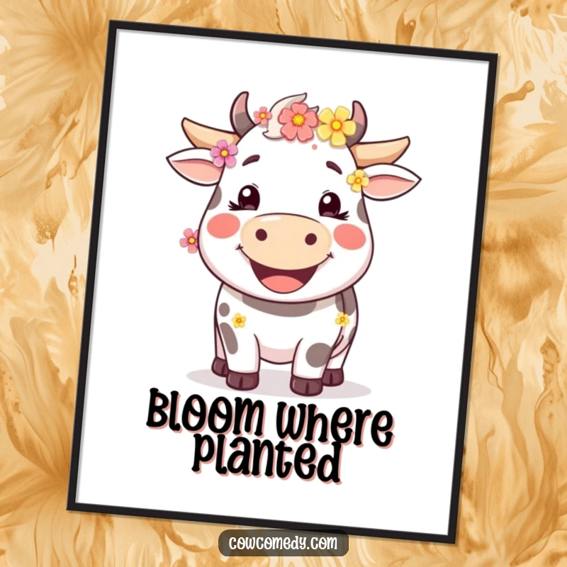 Funny happy cow digital art print featuring a wide smile and flowers, perfect for instant wall decor.