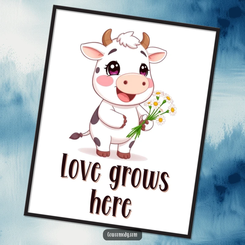 Funny Happy Cow Digital Art Print: a cheerful cow character presenting a bouquet of daisies, bringing instant happiness and gentle joy.