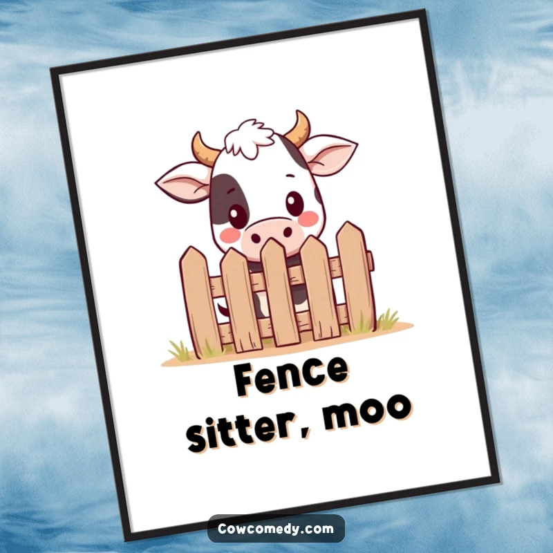 Funny kawaii cow digital art print of a cute cow peeking over a small cartoon fence, offering instant whimsical decor.