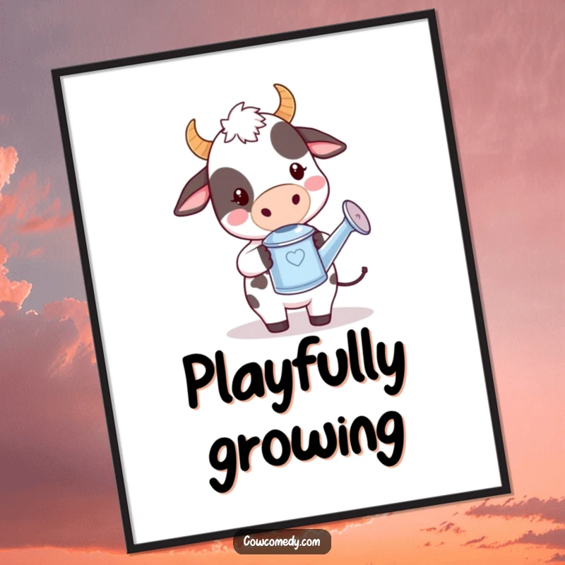 Funny kawaii cow digital art print of a cute cow holding a miniature watering can, looking playful and ready to tend plants.