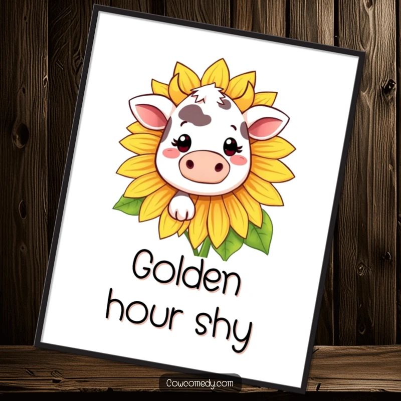 Funny Kawaii cow digital art print of a shy cow smiling behind a large sunflower, radiating warmth and humor.