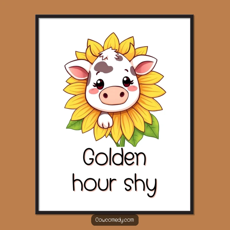 Funny Kawaii Cow Sunflower Digital Art - Shy Smile Print, Instant Funny Gift!