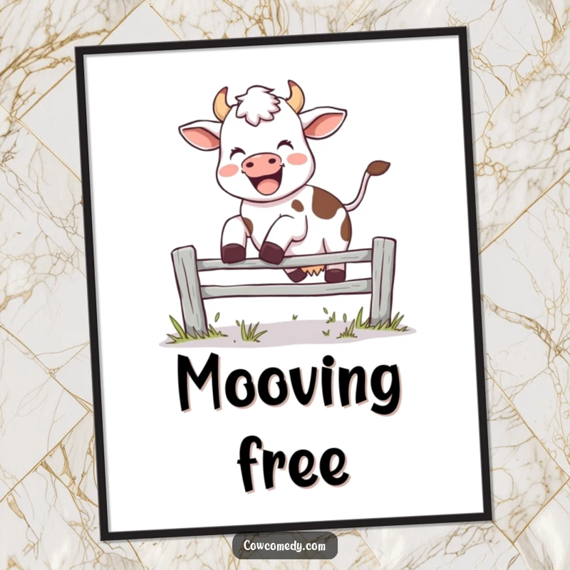 Funny digital art print of a joyful cow leaping over fence, mid-moo, perfect for instant wall art, great gift.
