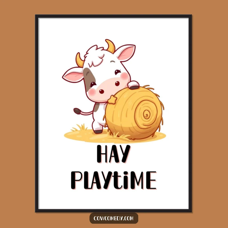 Funny Playful Cow Digital Art Print: Instant Hay Ball Fun Download