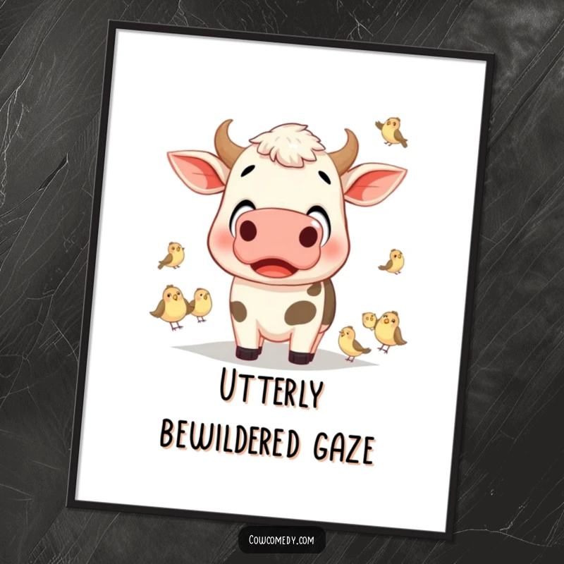 Funny cow with wide eyes watching tiny birds as a digital art print, capturing a moment of comical surprise.