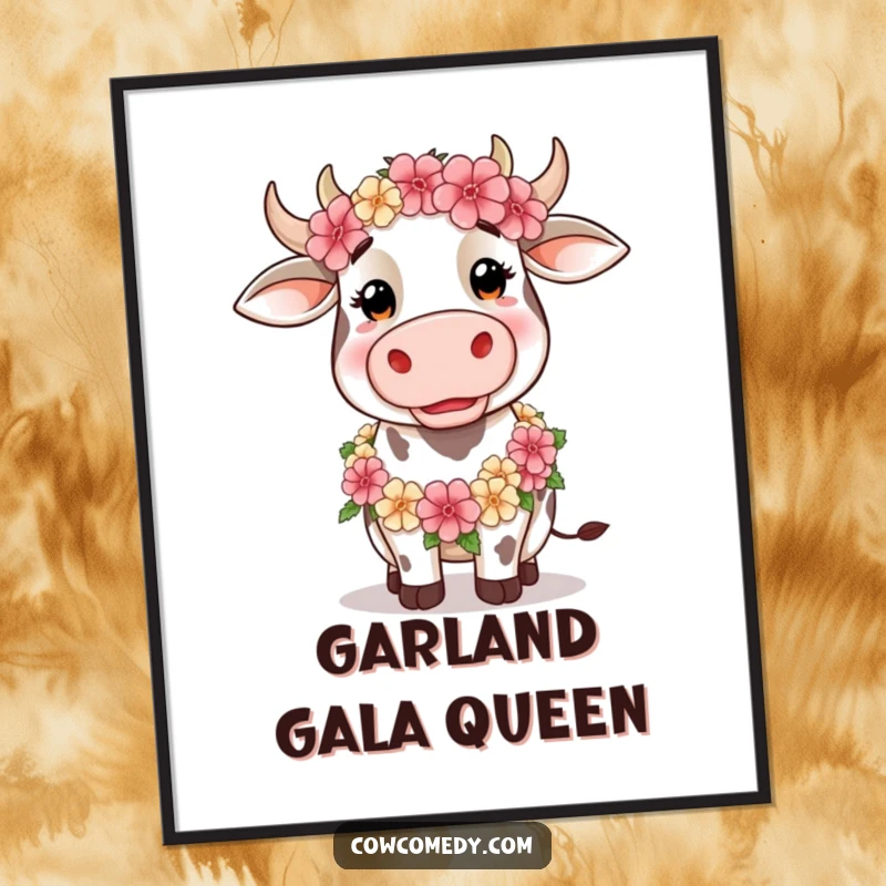 Funny Digital Art Print of a silly cow wearing a floral garland, embodying whimsical charm and humorous artistry for walls.