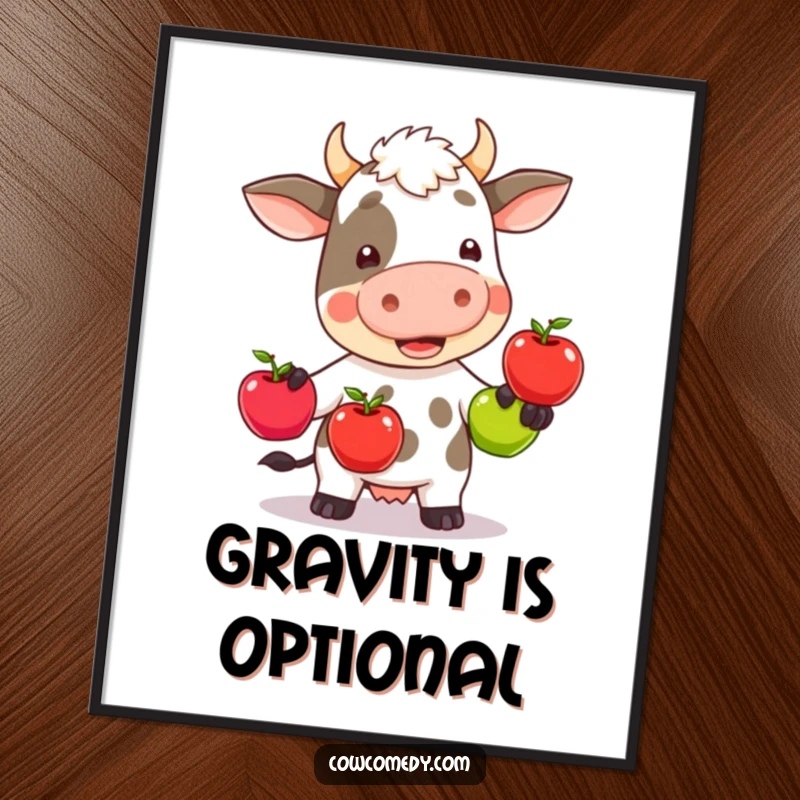 Funny kawaii cow wobbly juggling three colorful apples, presented as a high-resolution digital download art print, full of comic energy.