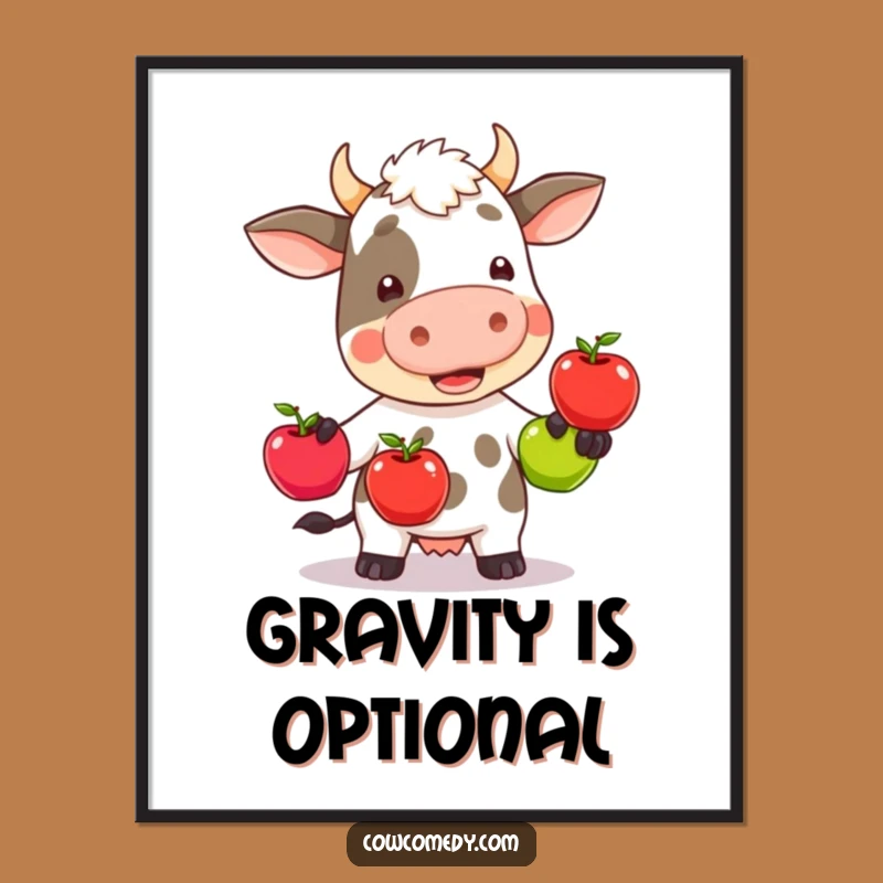 Wobbly Apple Juggling Cow Digital Art - Funny Kawaii Print Gift