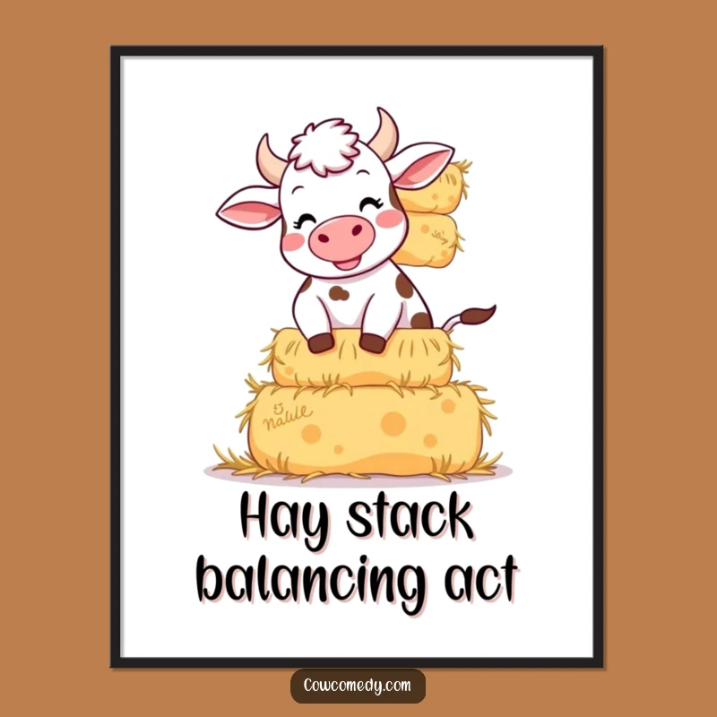 Funny Giggling Cow Digital Art: Hay Bale Balance, Printable Funny Gift
