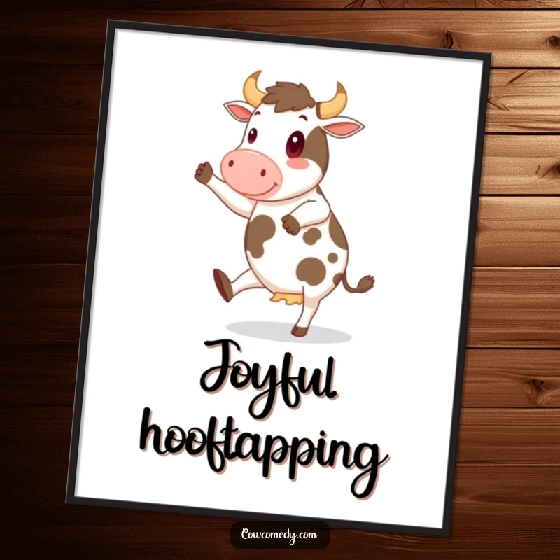 Funny Digital Art Print of a cheerful cow dancing a jig, radiating happiness and humorous energy for wall decor.