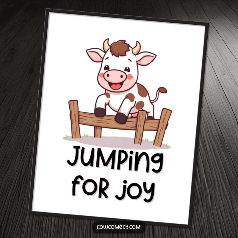 Funny kawaii cow digital art print of a cute cow leaping energetically over a small, stylized fence, bringing instant fun.