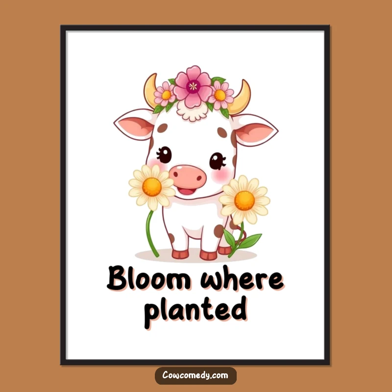 Kawaii Cow Daisy Digital Art - Funny Floral Art Print Download Gift