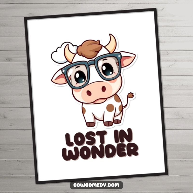Funny Kawaii Cow Digital Art Print: A cow with oversized glasses thoughtfully gazes at a cloud, instant funny decor.