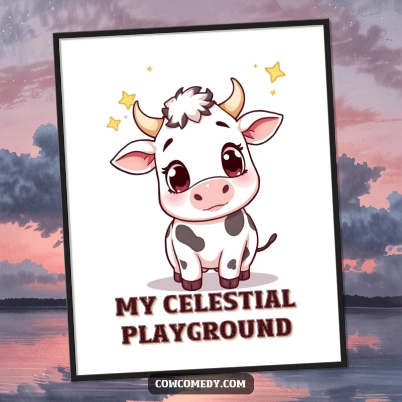 Funny digital art print of a cute cow with large, questioning eyes, reaching for twinkling stars in a magical night sky.