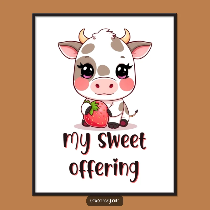Funny Kawaii Cow Strawberry Digital Art - Sweet Blushing Printable Gift