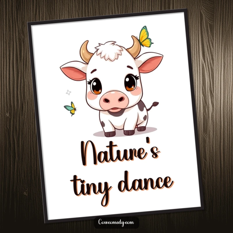 Funny kawaii cow digital art print of a cow with wide, curious eyes watching a fluttering butterfly, perfect for instant cute decor.
