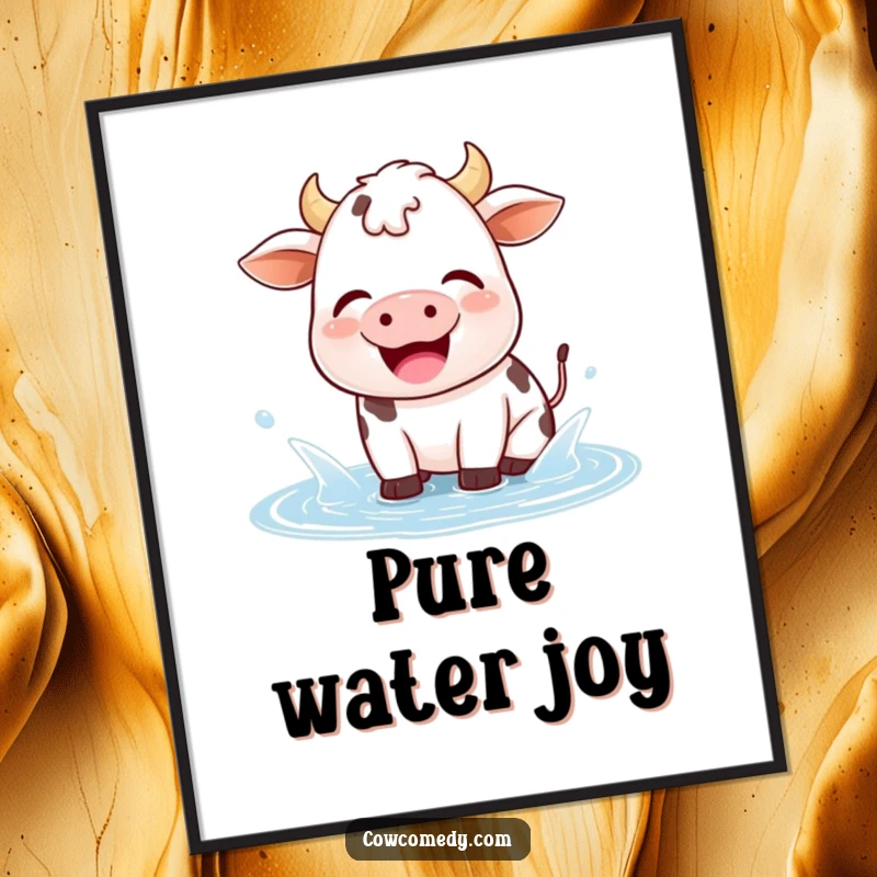 Funny kawaii cow digital art print of a happy cow joyfully splashing in a small puddle with a happy sigh, perfect for decor.