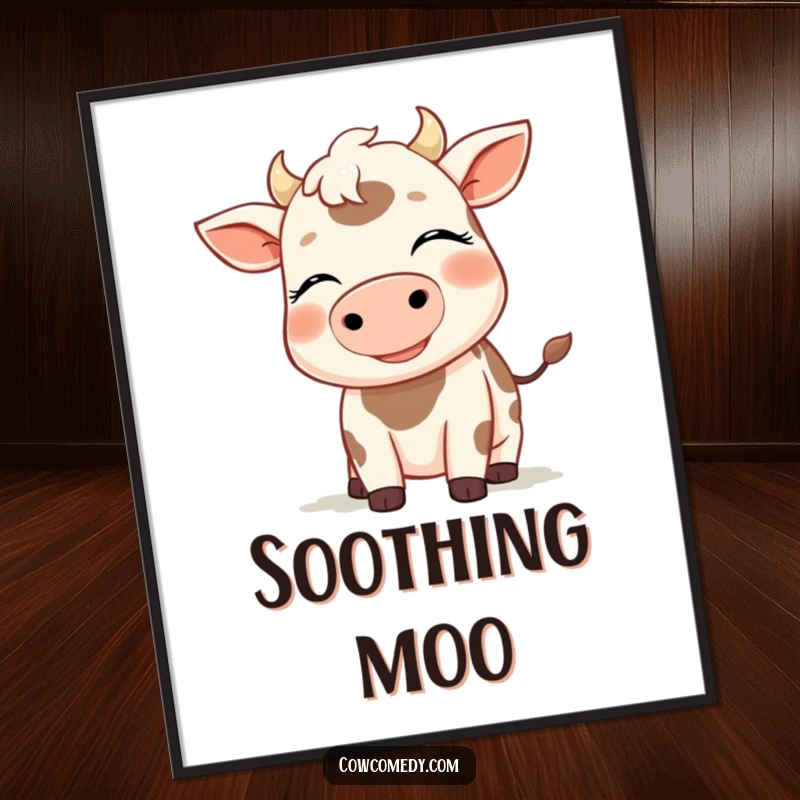 Funny digital art print of a serene cow with eyes closed, enjoying a gentle breeze, perfect for instant wall art, great gift.