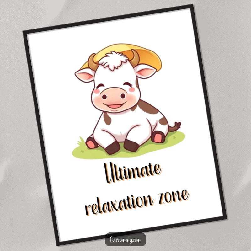 Funny happy cow relaxing under a sunshade as a digital art print, bringing instant peace and relaxation.