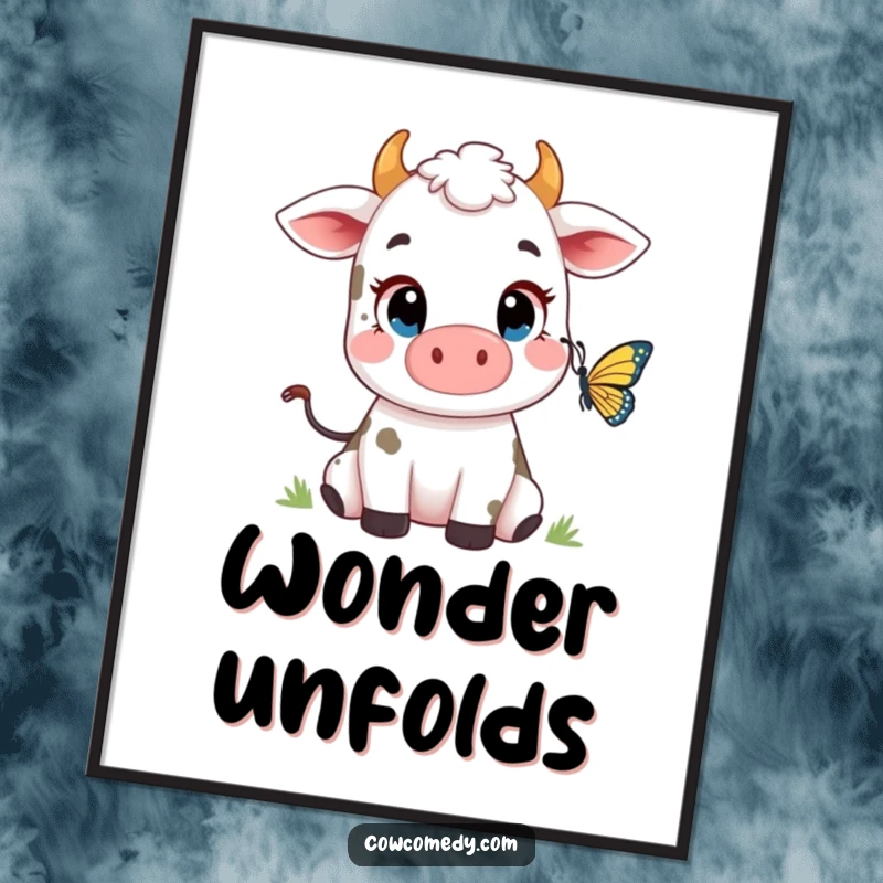 Funny Cow Butterfly Digital Art Print: a cute cow character with large eyes watching a butterfly, bringing enchantment and humor.