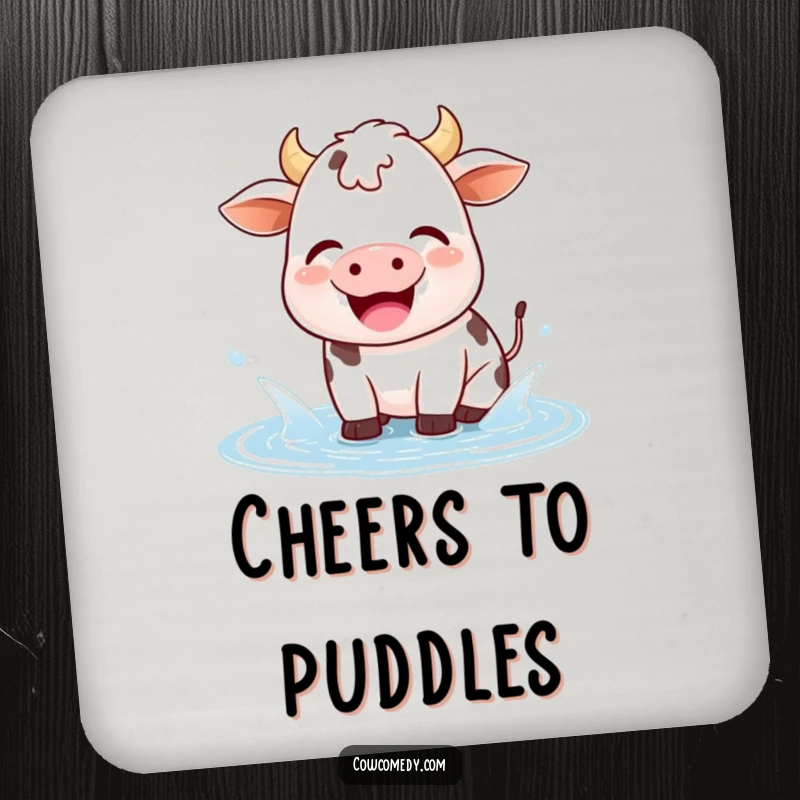 Funny kawaii cow drink coasters featuring a happy cow gleefully splashing in a small puddle, adding cute joy to surfaces.