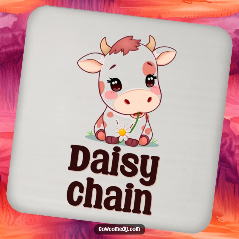 Funny drink coaster with a cute spotted cow happily chewing a daisy, protecting surfaces with farm charm, a great funny gift.