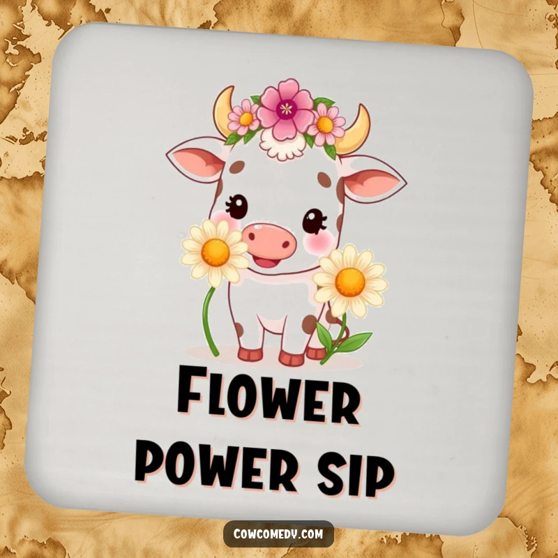 Funny kawaii cow wearing a flower crown, happily chewing a large daisy, printed on a protective drink coaster.