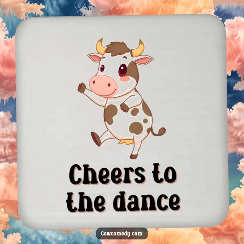 Funny Drink Coaster featuring a cheerful cow doing a jig, for protecting surfaces with humorous dance charm.