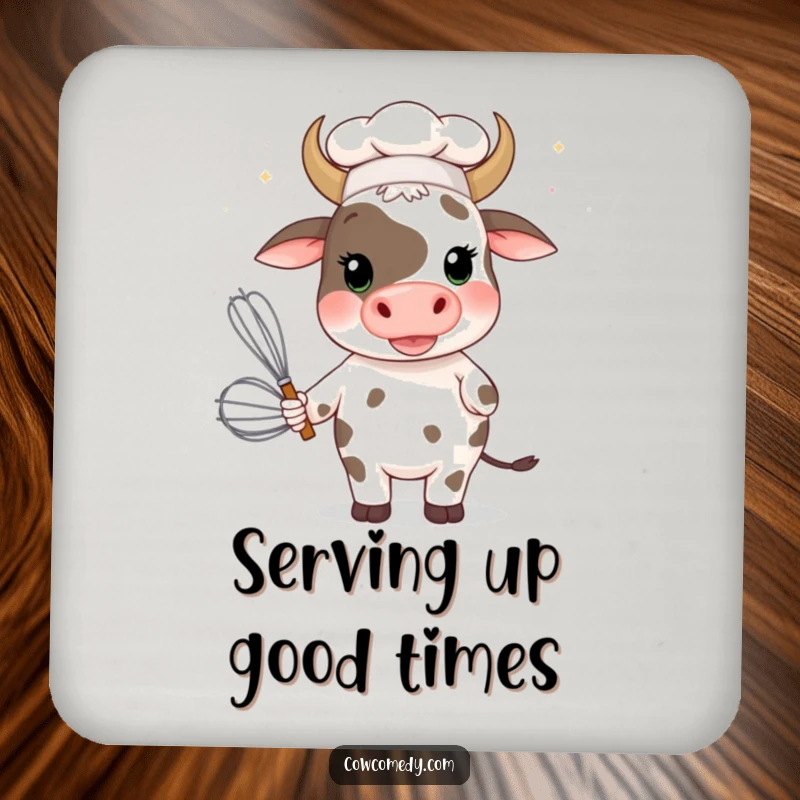 Funny cow chef with a giant whisk on a drink coaster, protecting furniture with comedic culinary flair.