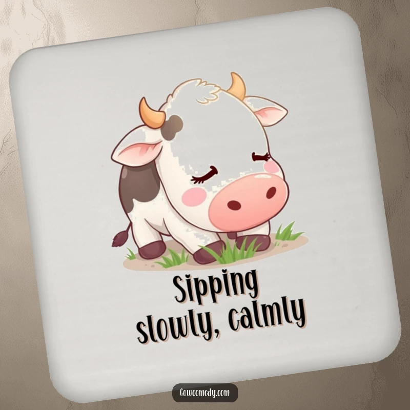 Funny Drink Coaster showcasing a peaceful, contented cow with closed eyes, grazing, protecting surfaces with gentle humor.