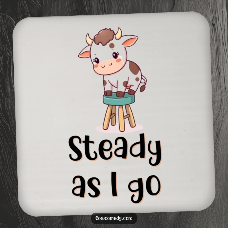 Funny coaster showcasing a determined little cow attempting to balance on a comically small stool, protecting surfaces with a smile.