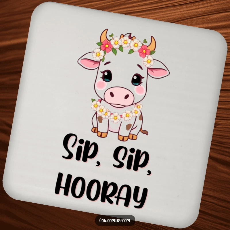 Funny Coaster showcasing a serene cow wearing a flower garland, protecting surfaces with gentle bovine charm, a delightful accent.
