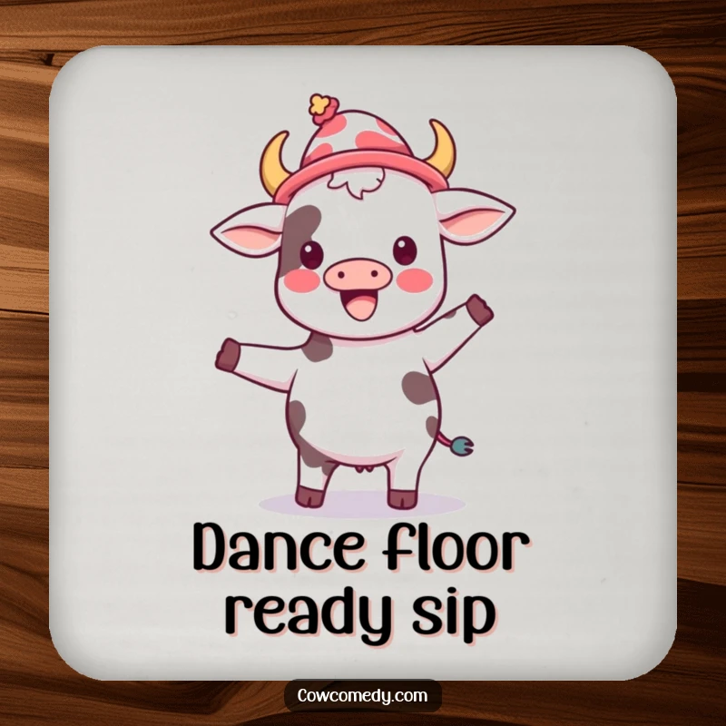 Funny kawaii cow wearing a silly hat, joyfully dancing, printed on a protective drink coaster.